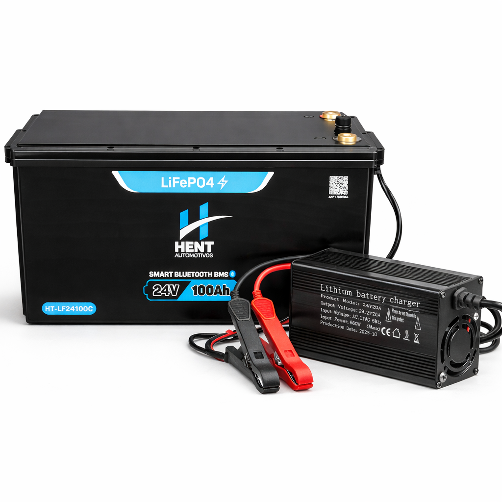 Kit Bateria LiFePO4 24V 100Ah + Carregador 24V 20A Hent