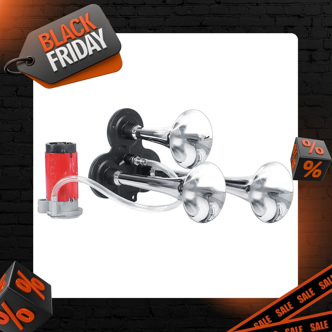 BUZINA 3 CORNETAS C/ COMPRESSOR 12V C/ SUPORTE - METAL CROMADA