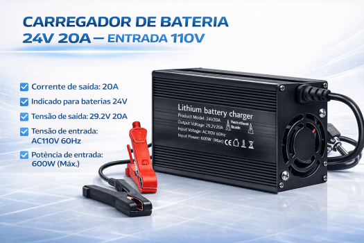 Kit Bateria LiFePO4 24V 100Ah + Carregador 24V 20A Hent