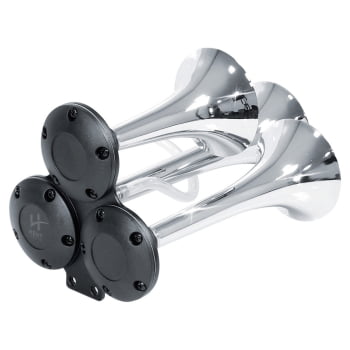 BUZINA 3 CORNETAS C/ COMPRESSOR 12V C/ SUPORTE - METAL CROMADA