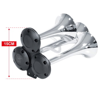 BUZINA 3 CORNETAS C/ COMPRESSOR 12V C/ SUPORTE - METAL CROMADA