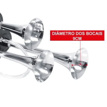 BUZINA 3 CORNETAS C/ COMPRESSOR 12V C/ SUPORTE - METAL CROMADA