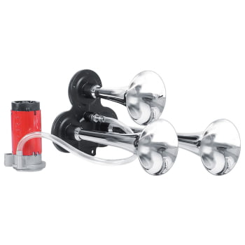 BUZINA 3 CORNETAS C/ COMPRESSOR 12V C/ SUPORTE - METAL CROMADA