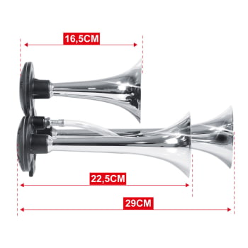 BUZINA 3 CORNETAS C/ COMPRESSOR 12V C/ SUPORTE - METAL CROMADA