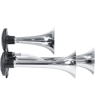 BUZINA 3 CORNETAS C/ COMPRESSOR 12V C/ SUPORTE - METAL CROMADA