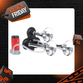 BUZINA 3 CORNETAS C/ COMPRESSOR 12V C/ SUPORTE - METAL CROMADA BUZINA 3 CORNETAS C/ COMPRESSOR 12V C/ SUPORTE - METAL CROMADA