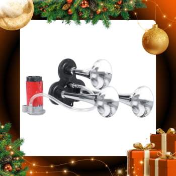 BUZINA 3 CORNETAS C/ COMPRESSOR 12V C/ SUPORTE - METAL CROMADA