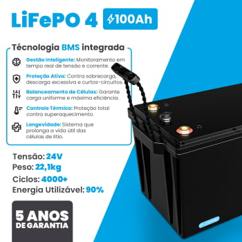 Kit Bateria LiFePO4 24V 100Ah + Carregador 24V 20A Hent