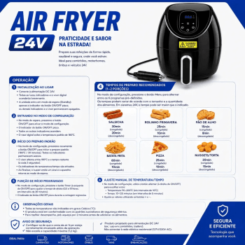 Fritadeira Elétrica Air Fryer Portátil Automotiva 24v Hent Preto
